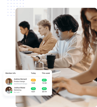 Team members working on laptops in a modern office, with an employee productivity and time-tracking dashboard overlay.