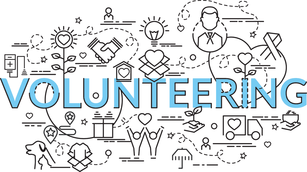 Graphic illustration showcasing iconic Irish symbols intertwined with symbols of volunteering, such as hands, hearts, and helping icons.