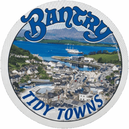 TidyTowns logo over Bancy townscape with harbor and mountains in background, promoting community development in Ireland.