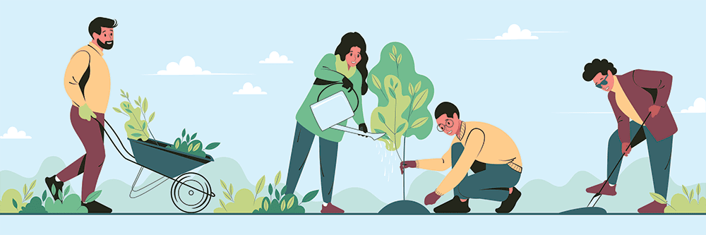 Community exchange timebank Ireland volunteers planting trees and gardening.