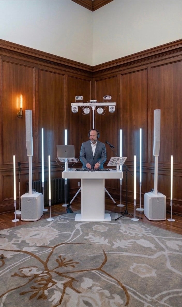 Nathan Watchman all-white DJ and MC setup at Colorado wedding