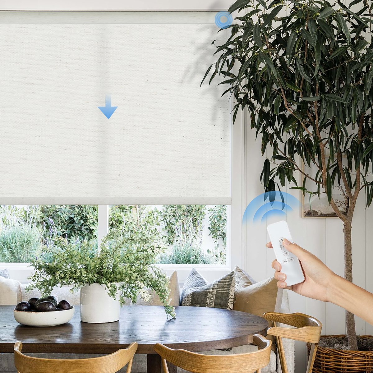 Motorized Natural Linen Light Filtering Roller Shades