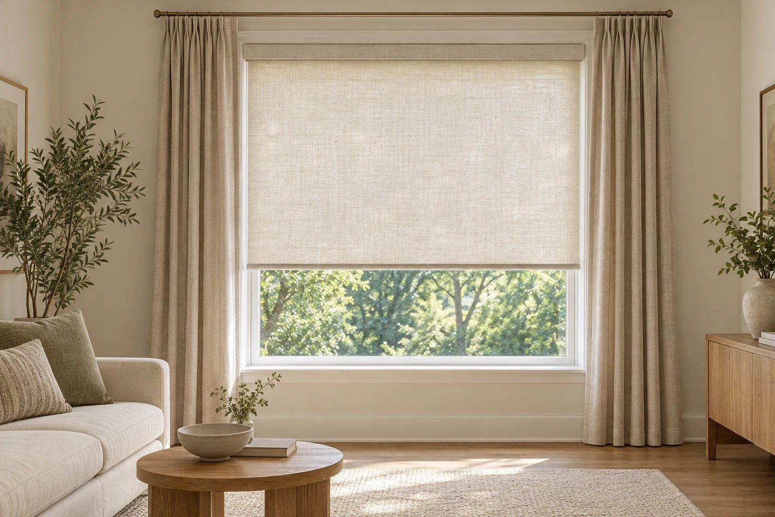 AI room inspiration with linen roller shades and pinch pleat drapery