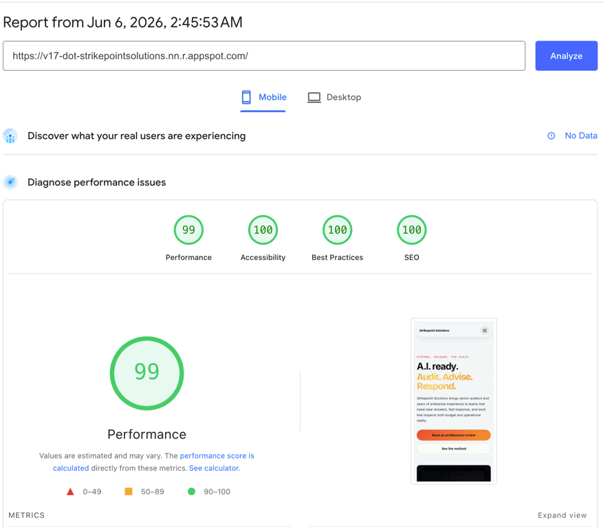 Strikepoint Solutions Google PageSpeed performance score 100