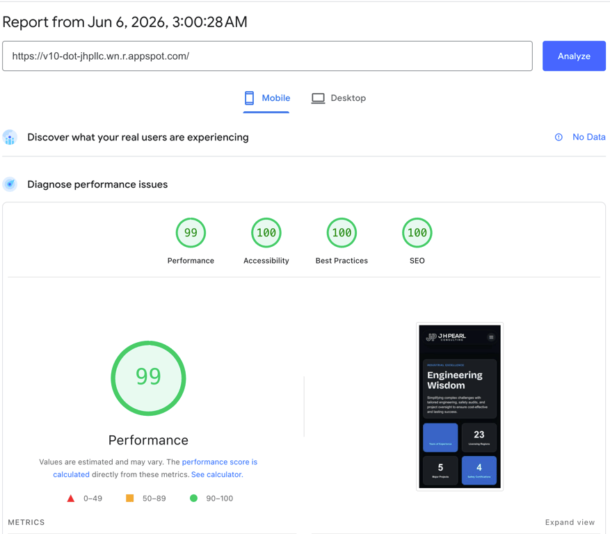 JH Pearl Consulting Google PageSpeed performance score 100