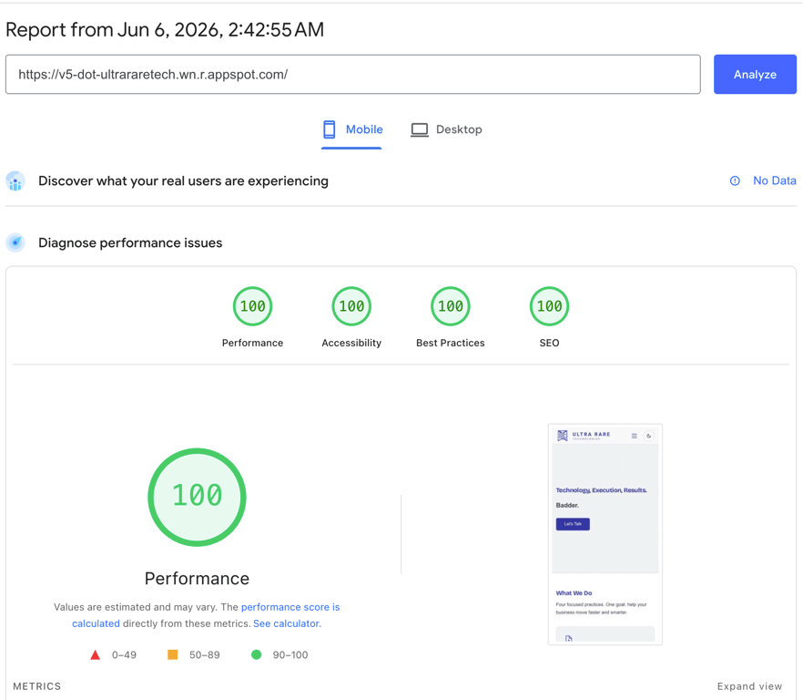 Ultra Rare Tech Google PageSpeed performance score 100