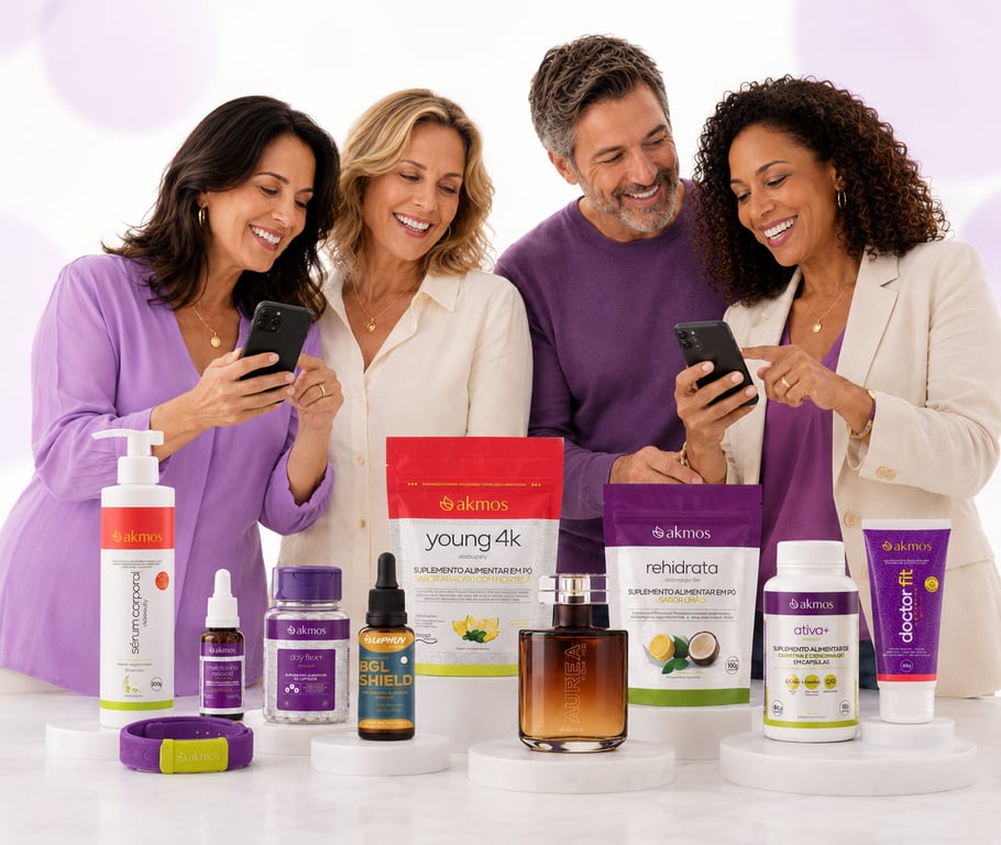 Afiliada Akmos compartilhando produtos pelo celular