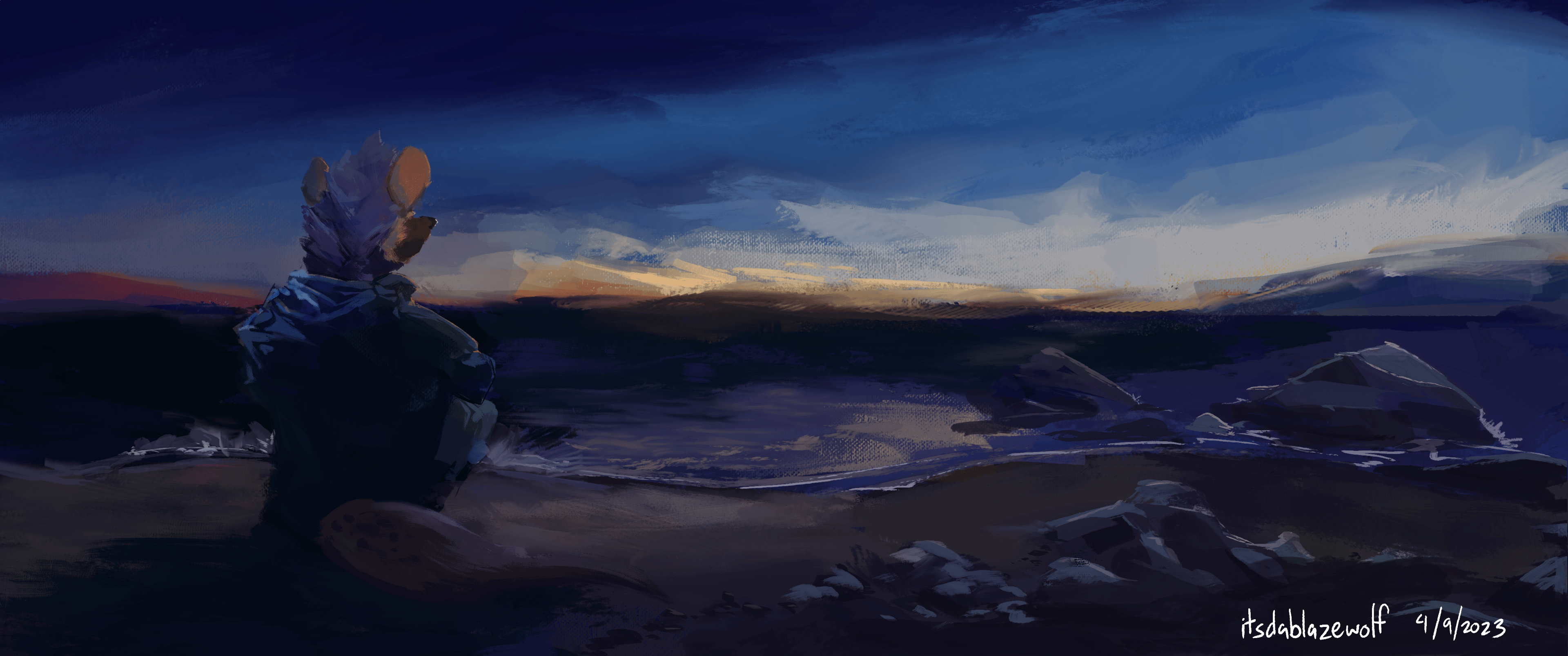 A digital painting of Ibzan, and anthropomorphic spotted hyena with blue hair, sat on a beach just after sundown. He is faced away from the viewer, watching the waves and mixture of colours in the sky go by. In there forground there are a couple of rocks on the sand and where waves are lapping at, and on the horizon there is a mix of colours from reds and yellows to pale and deep blues. Art by Blaze Silverwolf.