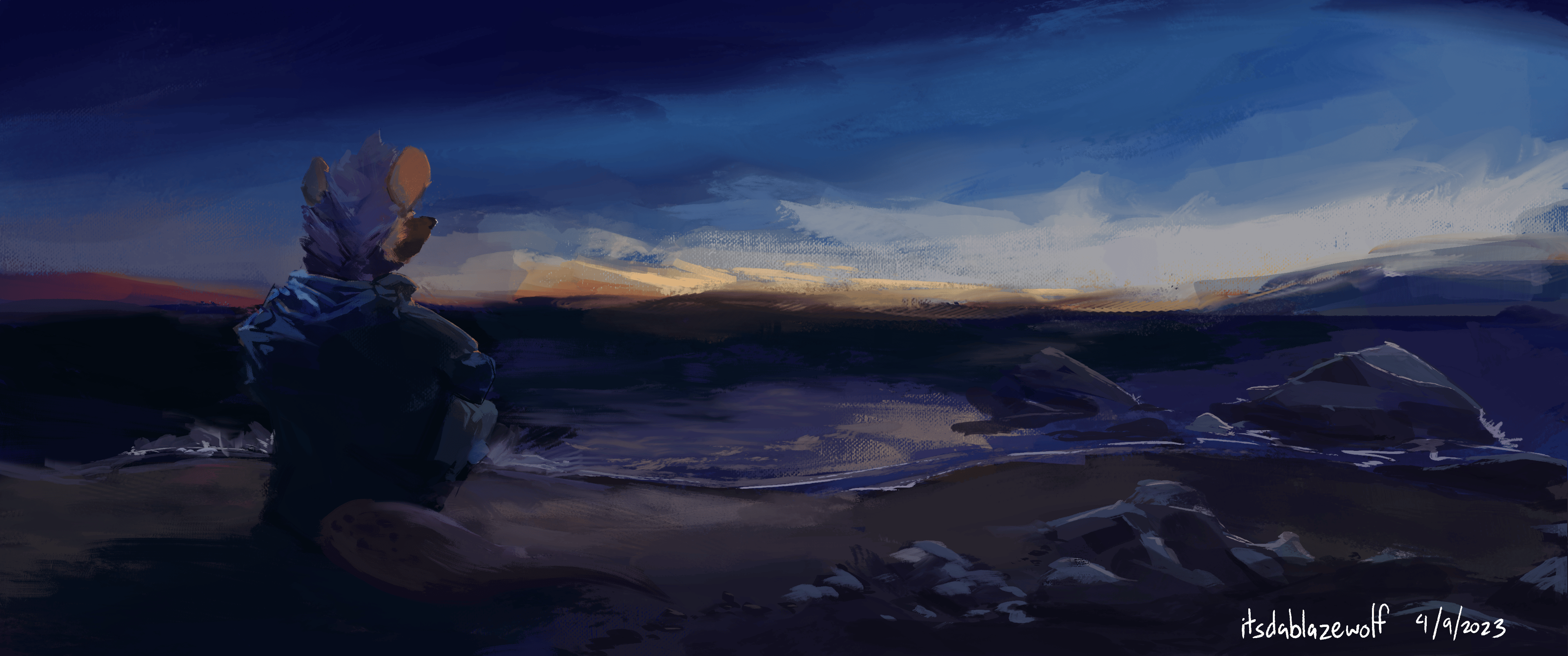 A digital painting of Ibzan, and anthropomorphic spotted hyena with blue hair, sat on a beach just after sundown. He is faced away from the viewer, watching the waves and mixture of colours in the sky go by. In there forground there are a couple of rocks on the sand and where waves are lapping at, and on the horizon there is a mix of colours from reds and yellows to pale and deep blues. Art by Blaze Silverwolf.