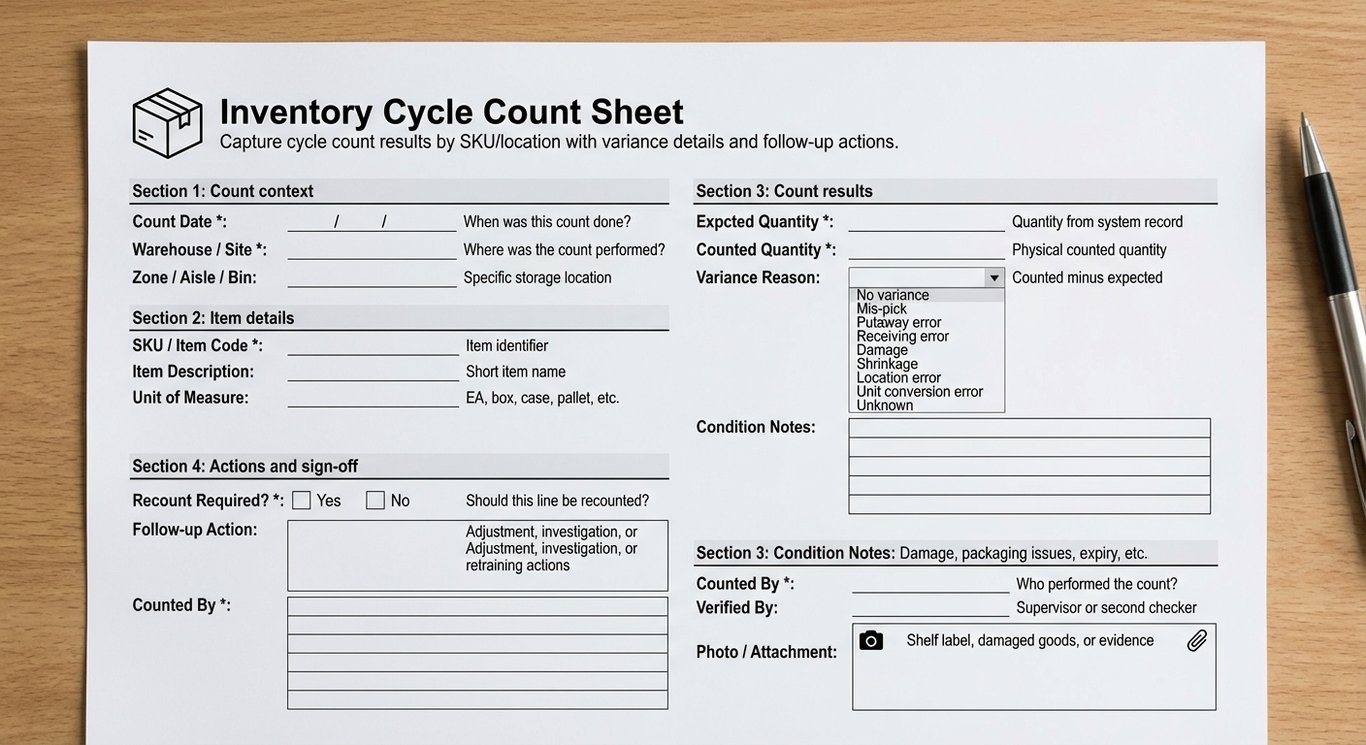 Inventory Cycle Count Sheet (Warehouse)