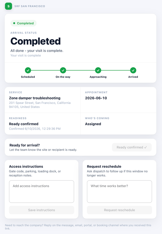 ETA Page recipient arrival page with live ETA window, status timeline, and map