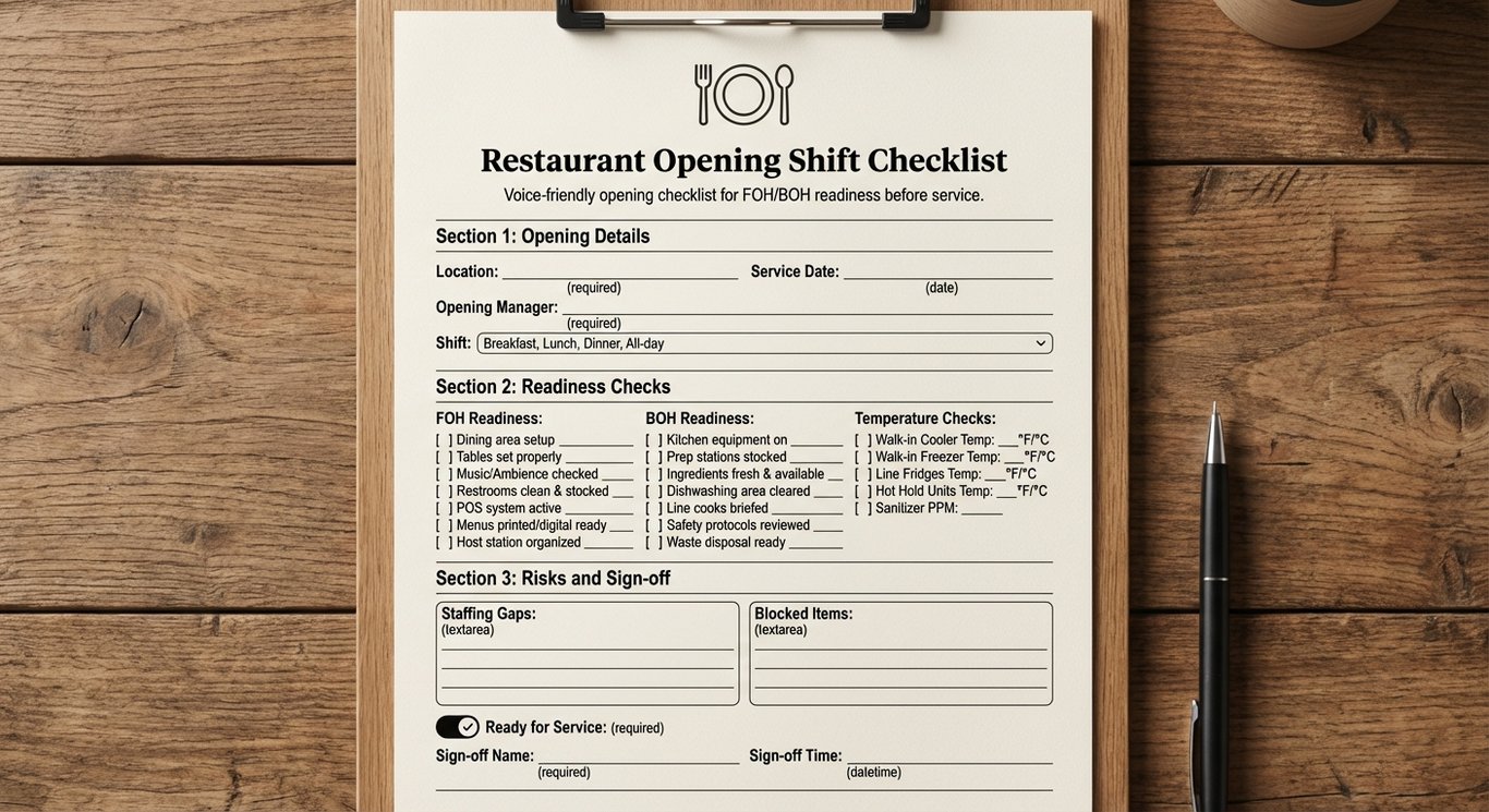 Restaurant Opening Shift Checklist