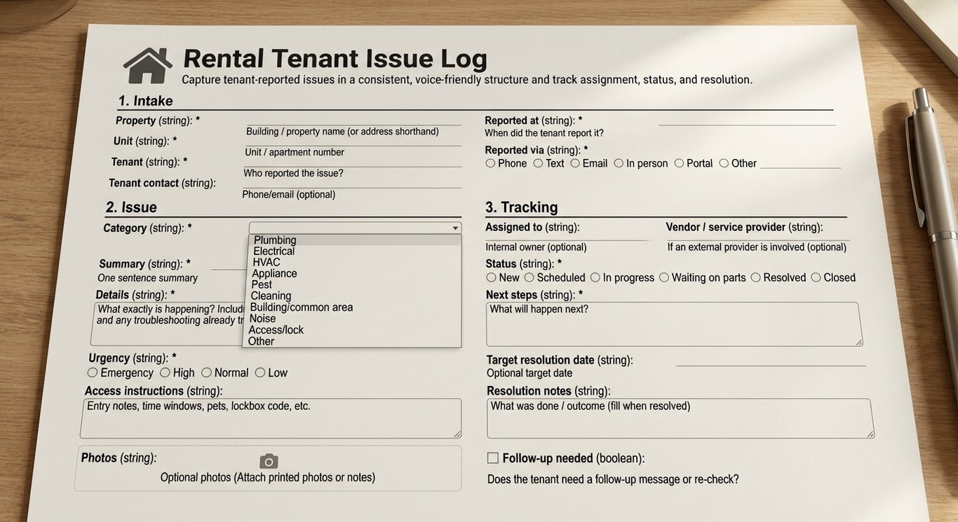 Rental Tenant Issue Log (Voice-Friendly Intake + Tracking)