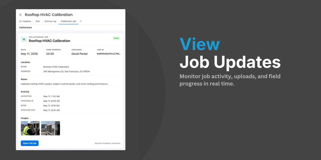 Live Hellotracks field jobs visible inside Monday.com