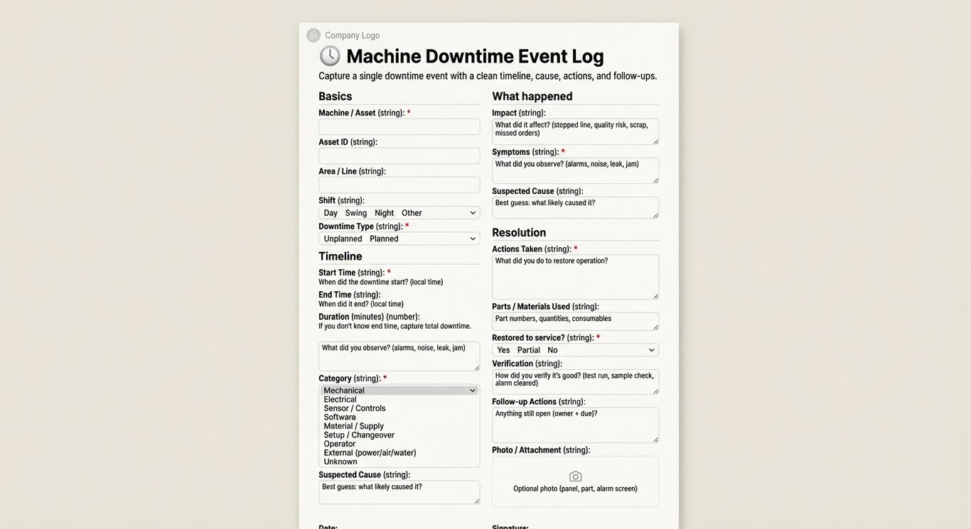 Machine Downtime Event Log (Shift-Ready)