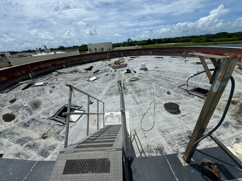 Concrete digester lid at Black Point water treatment plant before selective demolition, 2025