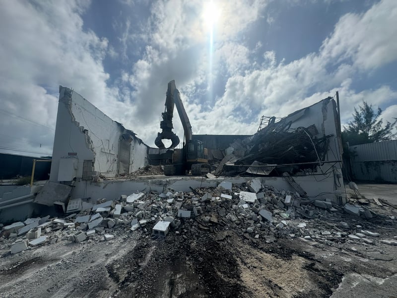 Commercial warehouse demolition in progress in Fort Lauderdale