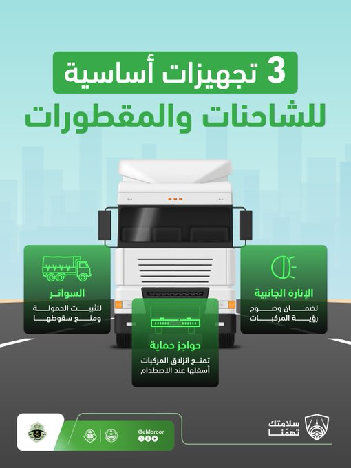 المرور يحدد 3 تجهيزات إلزامية للشاحنات والمقطورات لتعزيز السلامة. إنارة جانبية لزيادة وضوح المركبة خاصة ليلاً. حواجز حماية سفلية للحد من الانزلاق أسفل الشاحنة. سواتر لتثبيت الحمولة ومنع تساقطها. ضمن جهود تعزيز السلامة والحد من الحوادث 