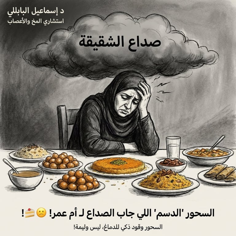 استشاري أعصاب يحذر من «سحور الولائم» في رمضان وعلاقته بالشقيقة وهبوط السكر. الإفراط في السكريات والنشويات يسبب هبوط السكر التفاعلي. السحور الدسم قد يحفّز نوبات الشقيقة أثناء الصيام. يُنصح بسحور غني بالبروتين والألياف وشرب الماء بانتظام 