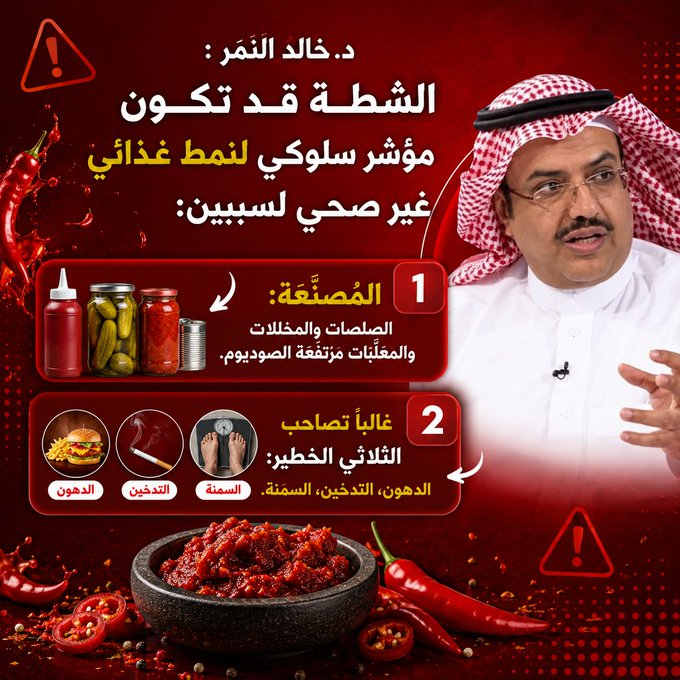 الدكتور النمر يحذر من الإفراط في تناول الشطة: آثار صحية خطيرة. الشطة تحتوي على نسب مرتفعة من الصوديوم قد تؤثر سلبًا على ضغط الدم وصحة القلب.. الإفراط في تناولها يرتبط بعادات غذائية غير صحية مثل السمنة والتدخين 
