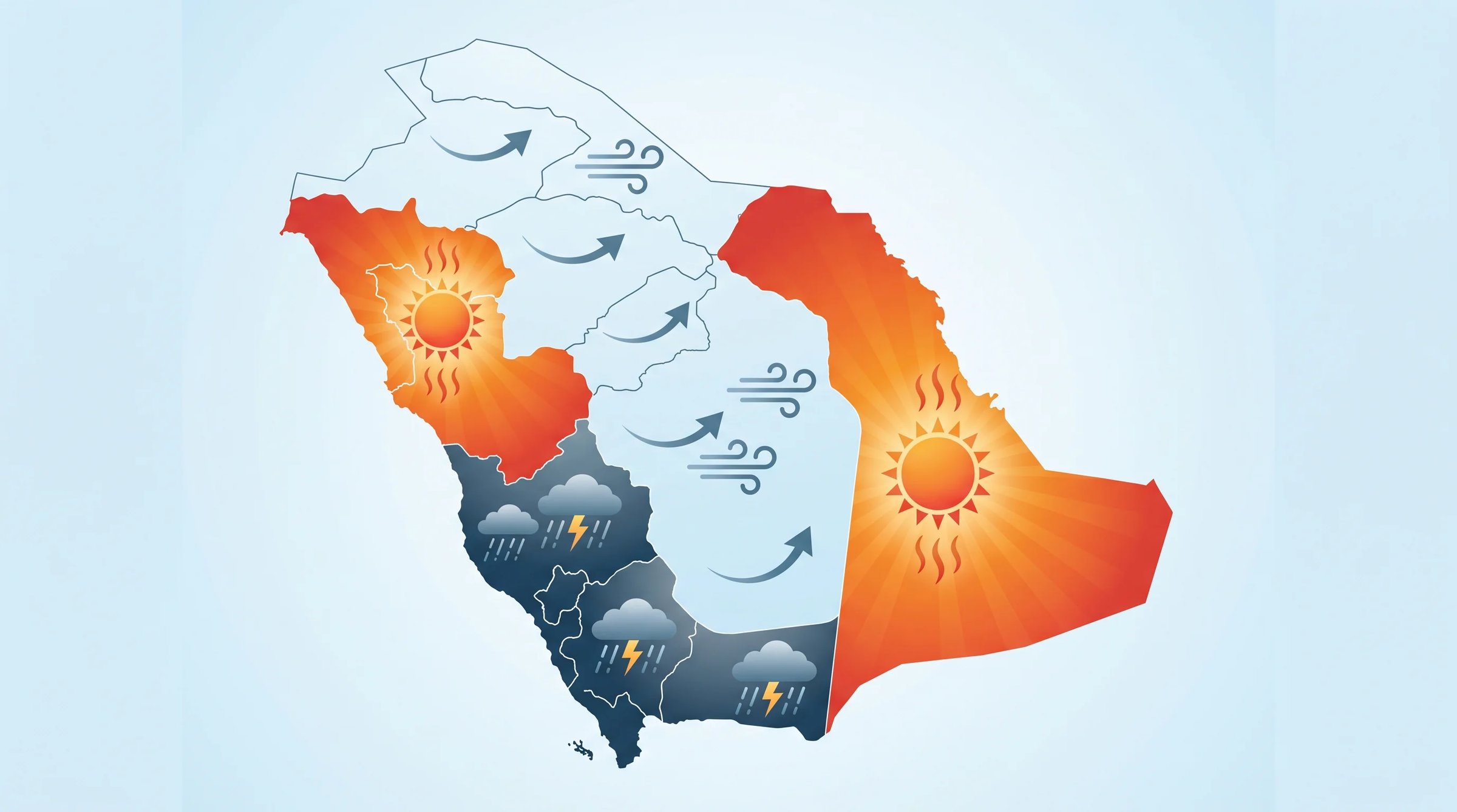 الأرصاد تحذر من موجة حارة وأمطار رعدية. موجة حارة تؤثر على الشرقية والمدينة المنورة. فرص أمطار رعدية على جازان وعسير والباحة 