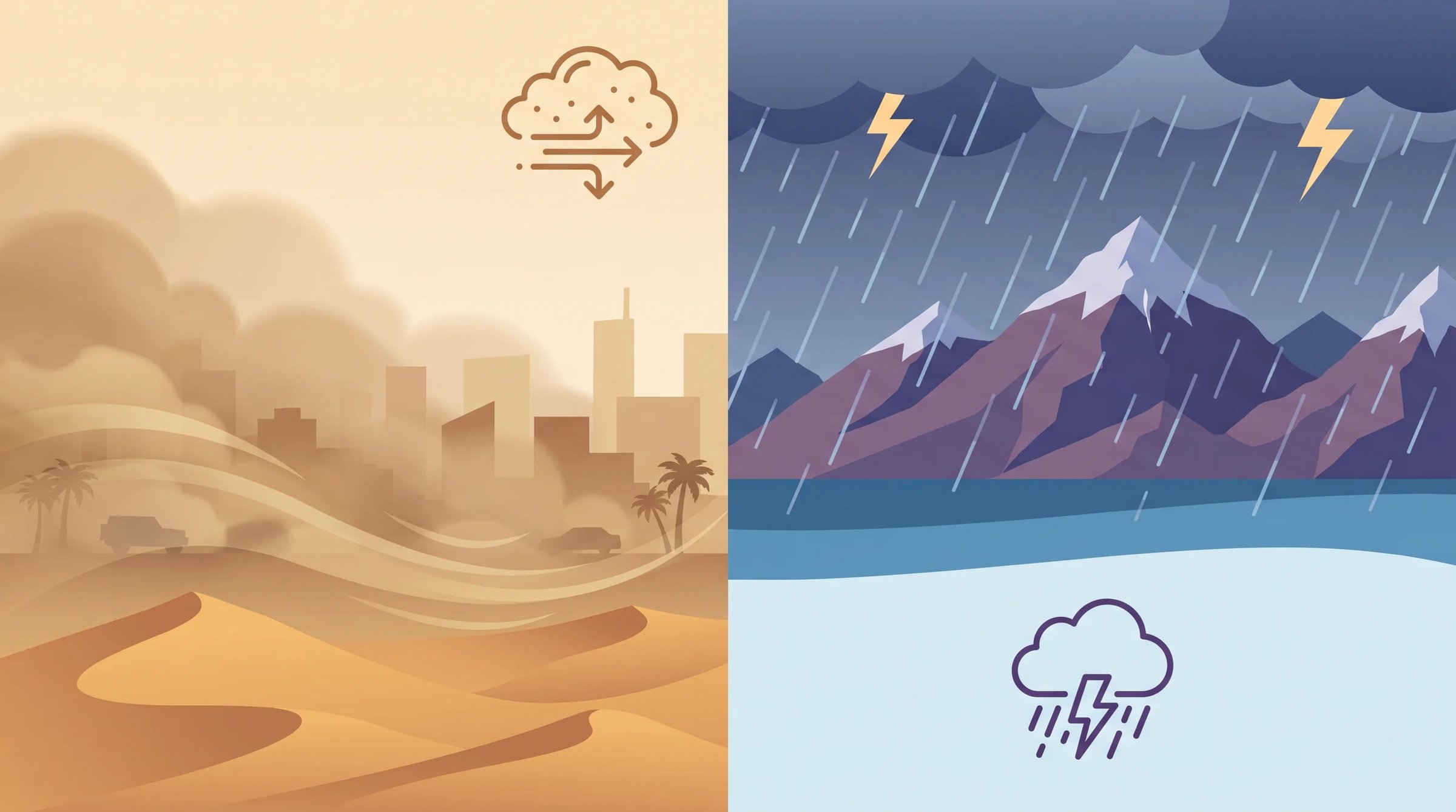 رياح وغبار يُعميان الأفق.. وتحذيرات من أمطار رعدية بعدة مناطق. نشاط للرياح المثيرة للأتربة يُخفض الرؤية إلى مستويات شبه منعدمة في عدة مناطق.. توقعات بأمطار رعدية على مرتفعات جازان وعسير والباحة ومكة المكرمة 