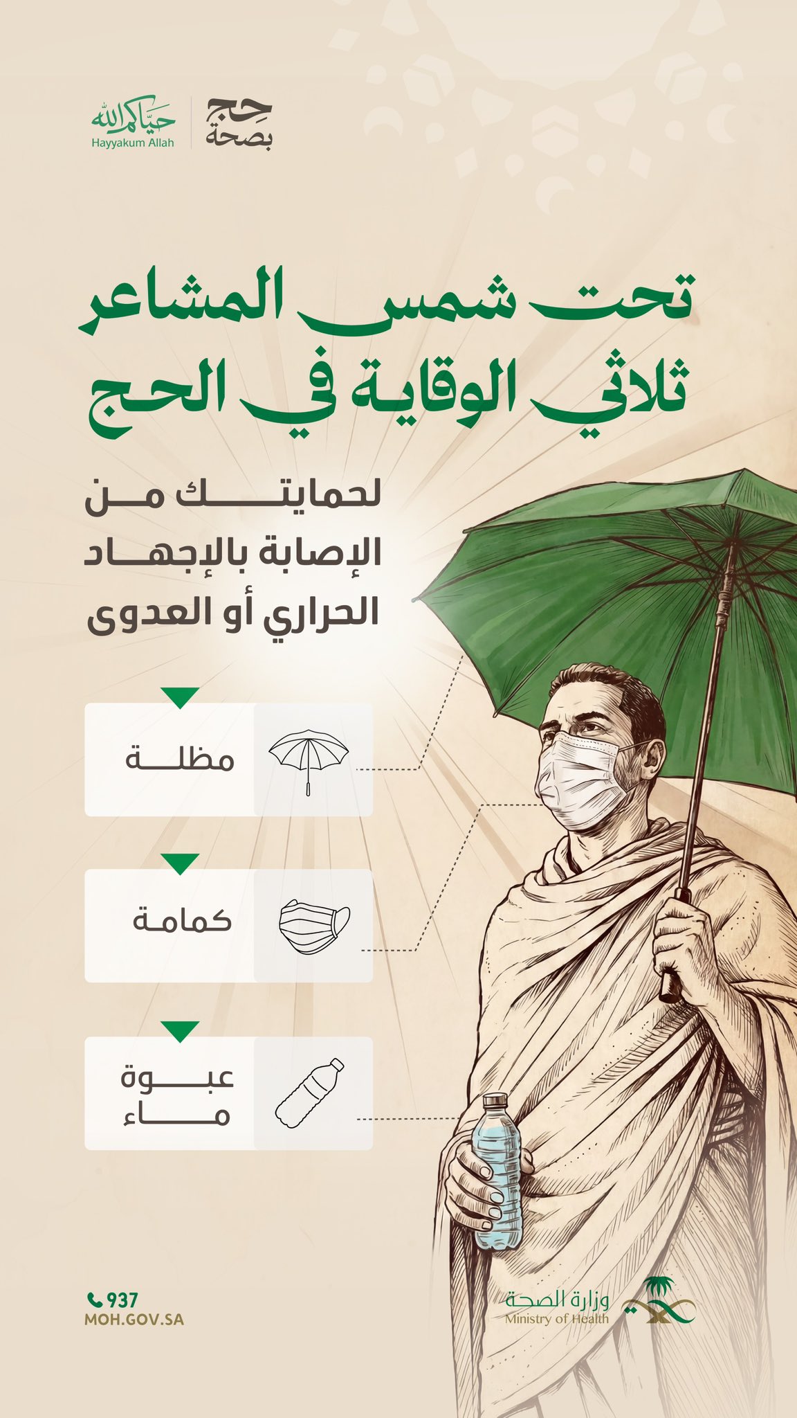وزارة الصحة توصي ضيوف الرحمن بالثلاثي الوقائي لتجنب المخاطر الصحية أثناء الحج. المظلة والكمامة وعبوة الماء أدوات أساسية للوقاية من الإجهاد الحراري والعدوى.. التوصيات تأتي ضمن حملات توعوية لتعزيز السلامة الصحية في المشاعر المقدسة 