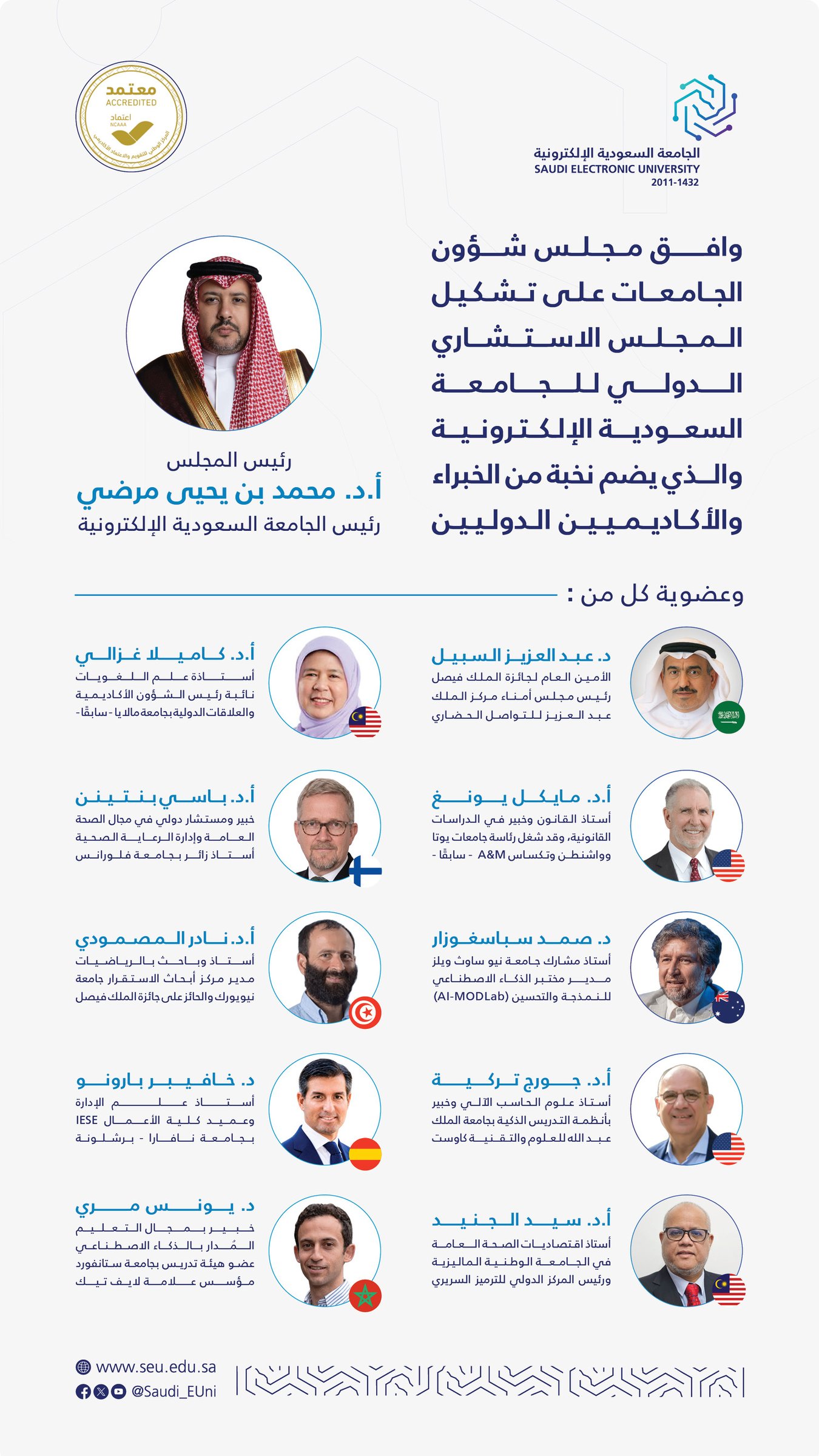 بـ تسعة خبراء دوليين .. "السعودية الإلكترونية" تشكل مجلس استشاري دولي لدعم تنافسية الجامعة عالمياً. وافق مجلس شؤون الجامعات على تشكيل مجلس استشاري دولي لـ الجامعة السعودية الإلكترونية يضم نخبة من الخبراء العالميين في التعليم والبحث والابتكار.. يهدف المجلس إلى دعم الخطة الاستراتيجية للجامعة، وتطوير الجوانب الأكاديمية والبحثية، وتعزيز الشراكات مع الجامعات والمؤسسات التعليمية الدولية.. يسهم المجلس في رفع تنافسية الجامعة إقليميًا وعالميًا، وتبني أفضل الممارسات الدولية بما يدعم مستهدفات رؤية السعودية 2030 في التعليم الرقمي والابتكار 