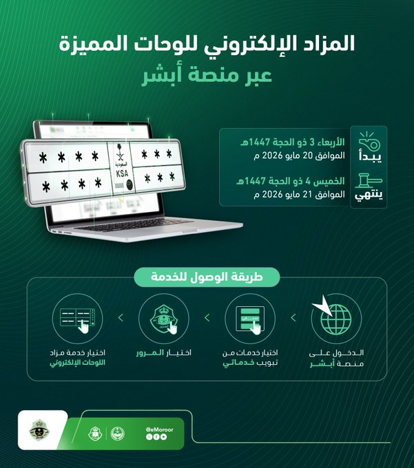 المرور يطلق مزاد اللوحات المميزة إلكترونيًا عبر منصة أبشر. المزاد مستمر حتى يوم الخميس 21 مايو.. المشاركة تتم إلكترونيًا عبر خطوات بسيطة داخل منصة أبشر 