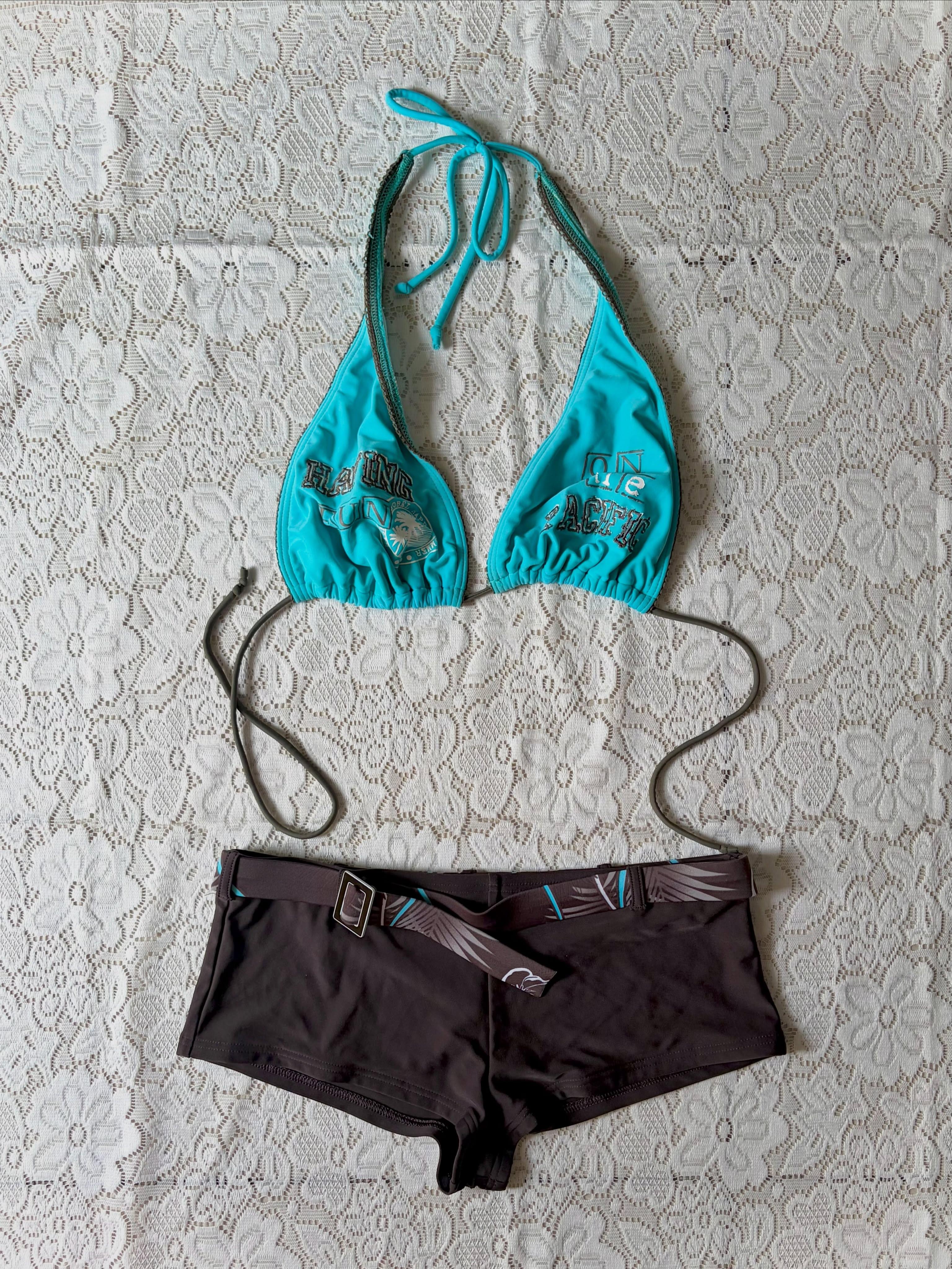 Turquoise and brown halter bikini set with belted shorts - View 1