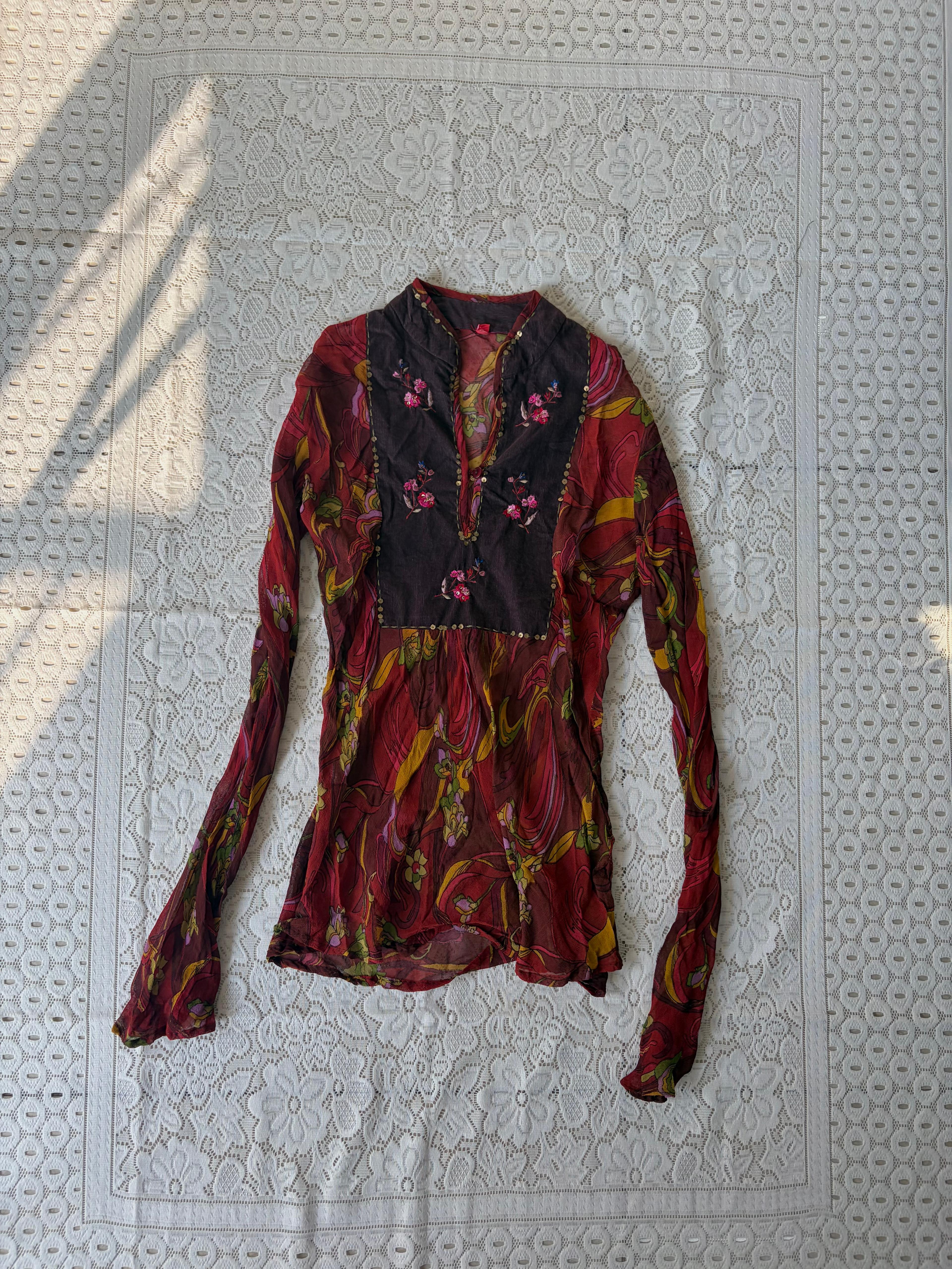 Sheer floral kurti with embellished yoke - View 1