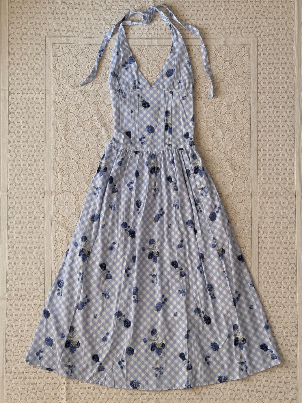 Blue gingham blueberry halter dress - View 1