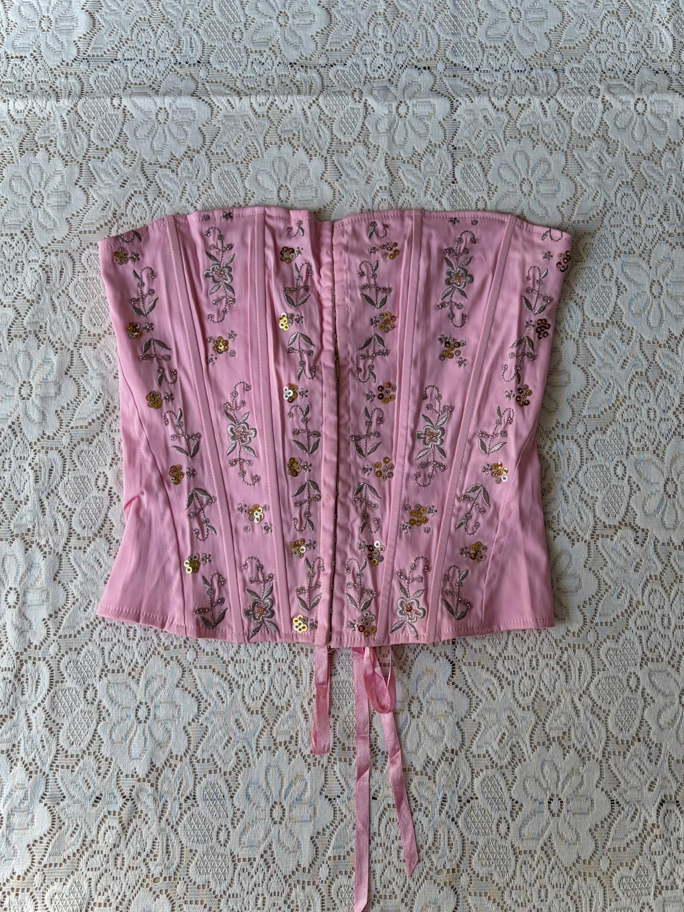 Baby pink embellished corset top with boning - View 1
