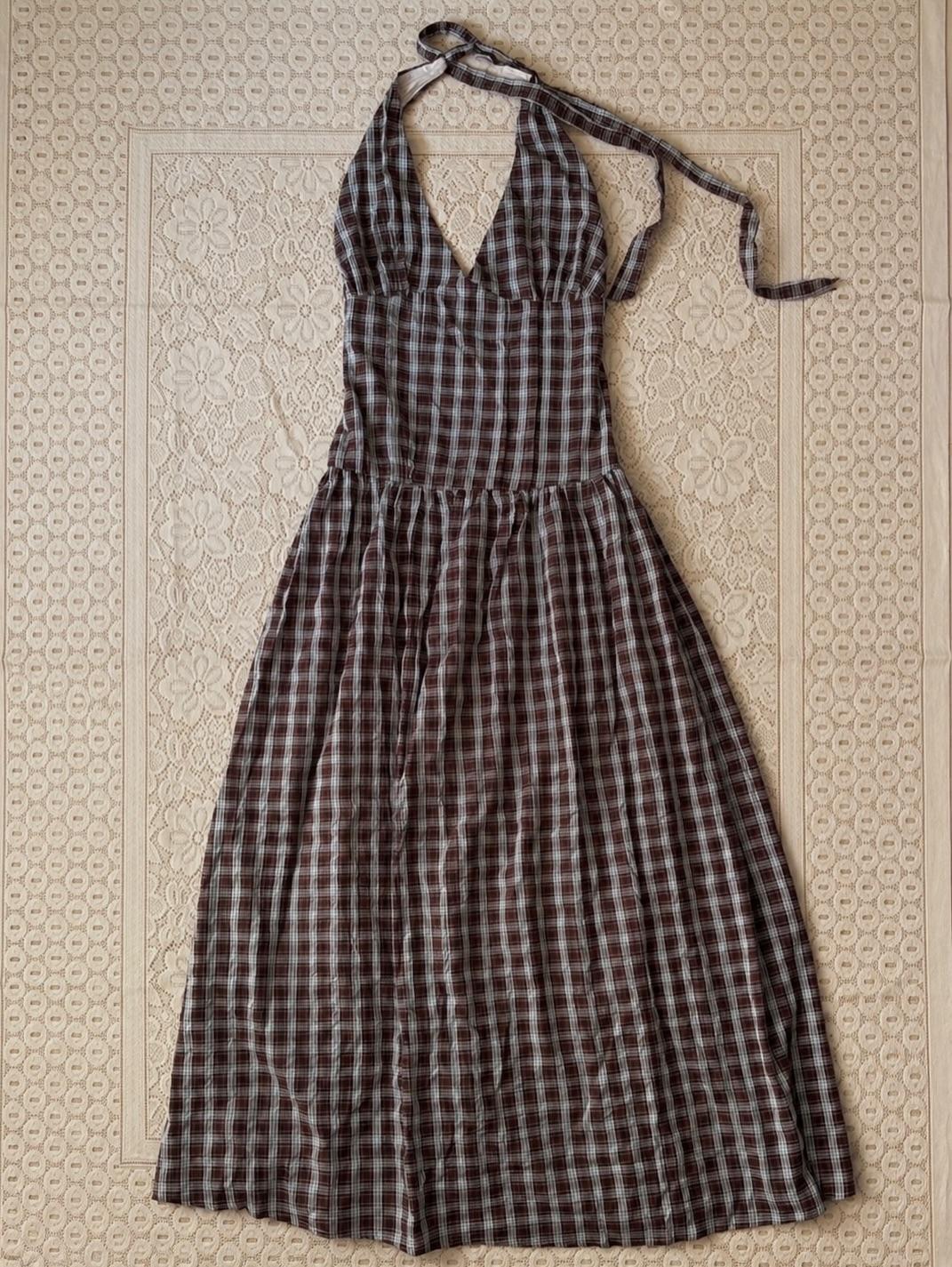 Checkered blue brown halter dress - View 1
