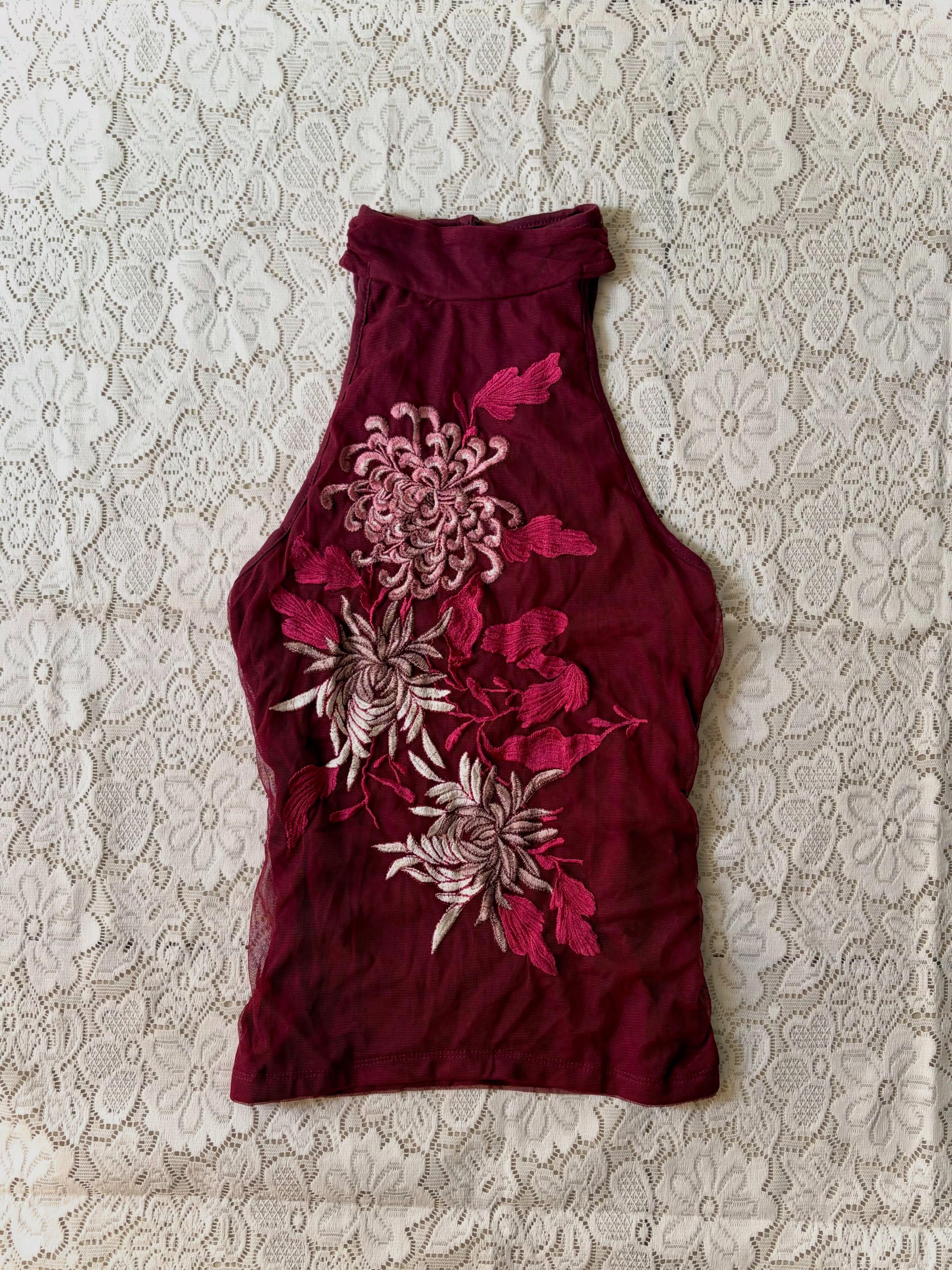 Burgundy embroidered halter top - View 1