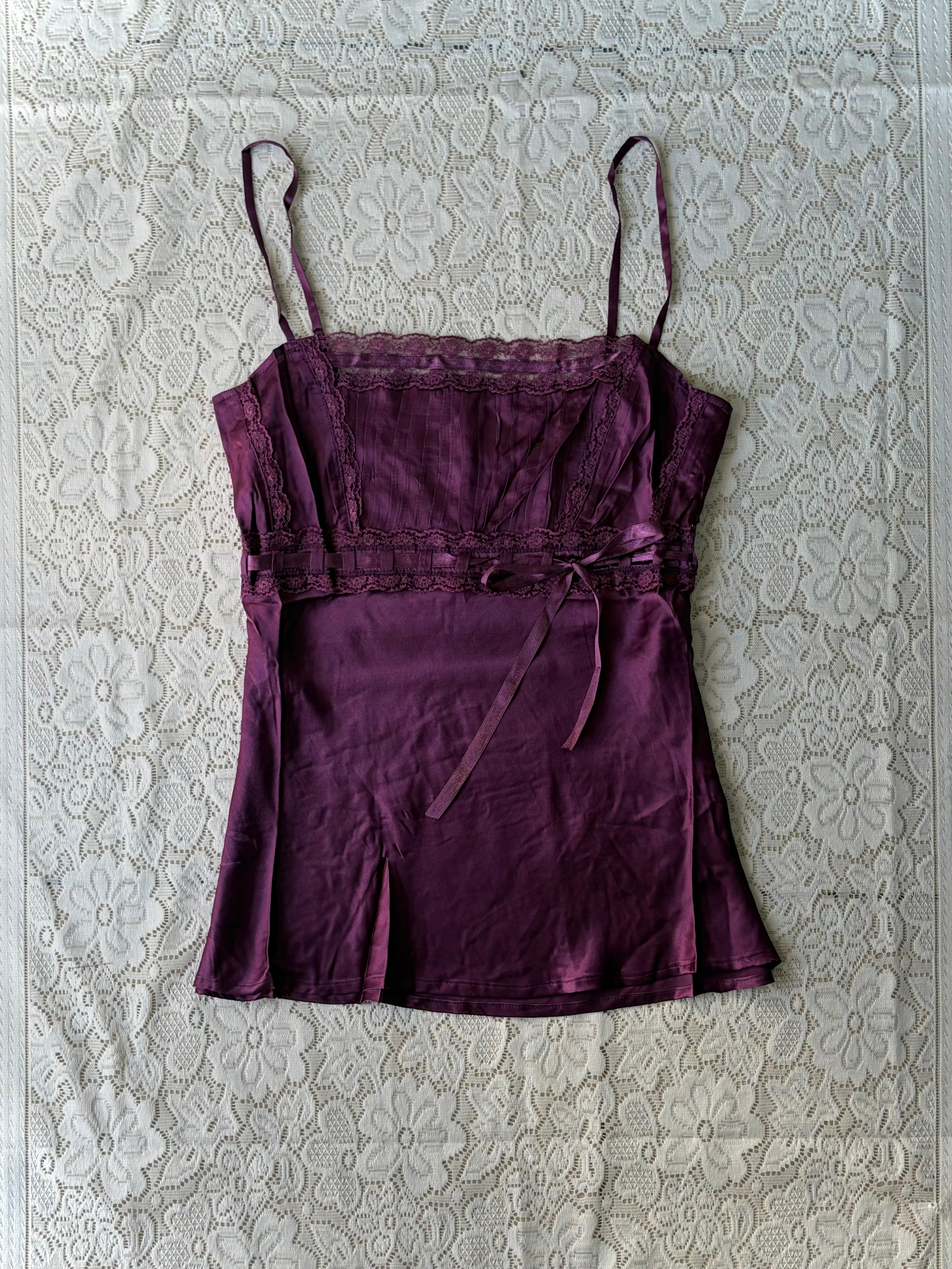 Purple satin cami top with lace bust - View 1