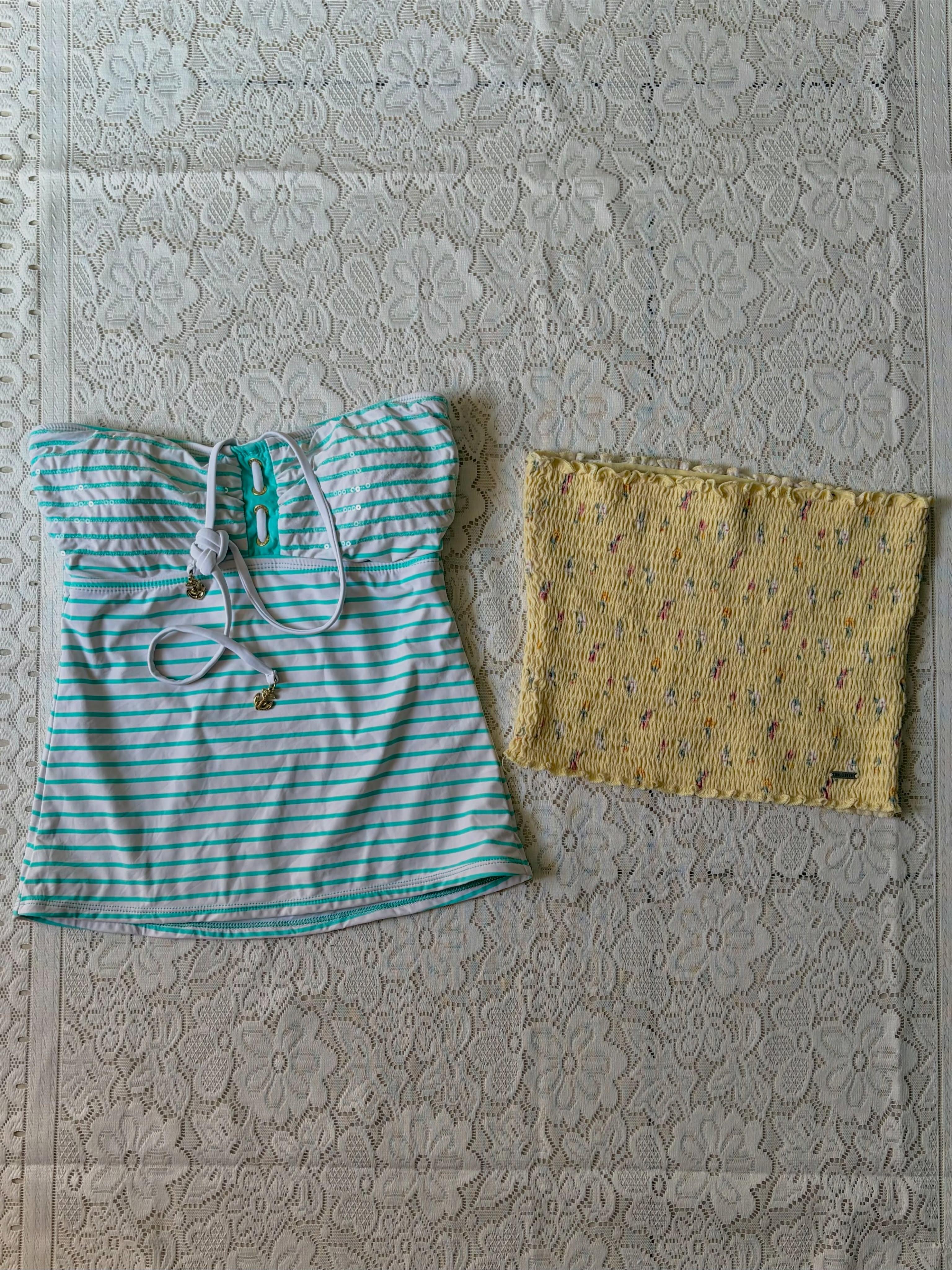 Teal striped bandeau tankini top - View 1