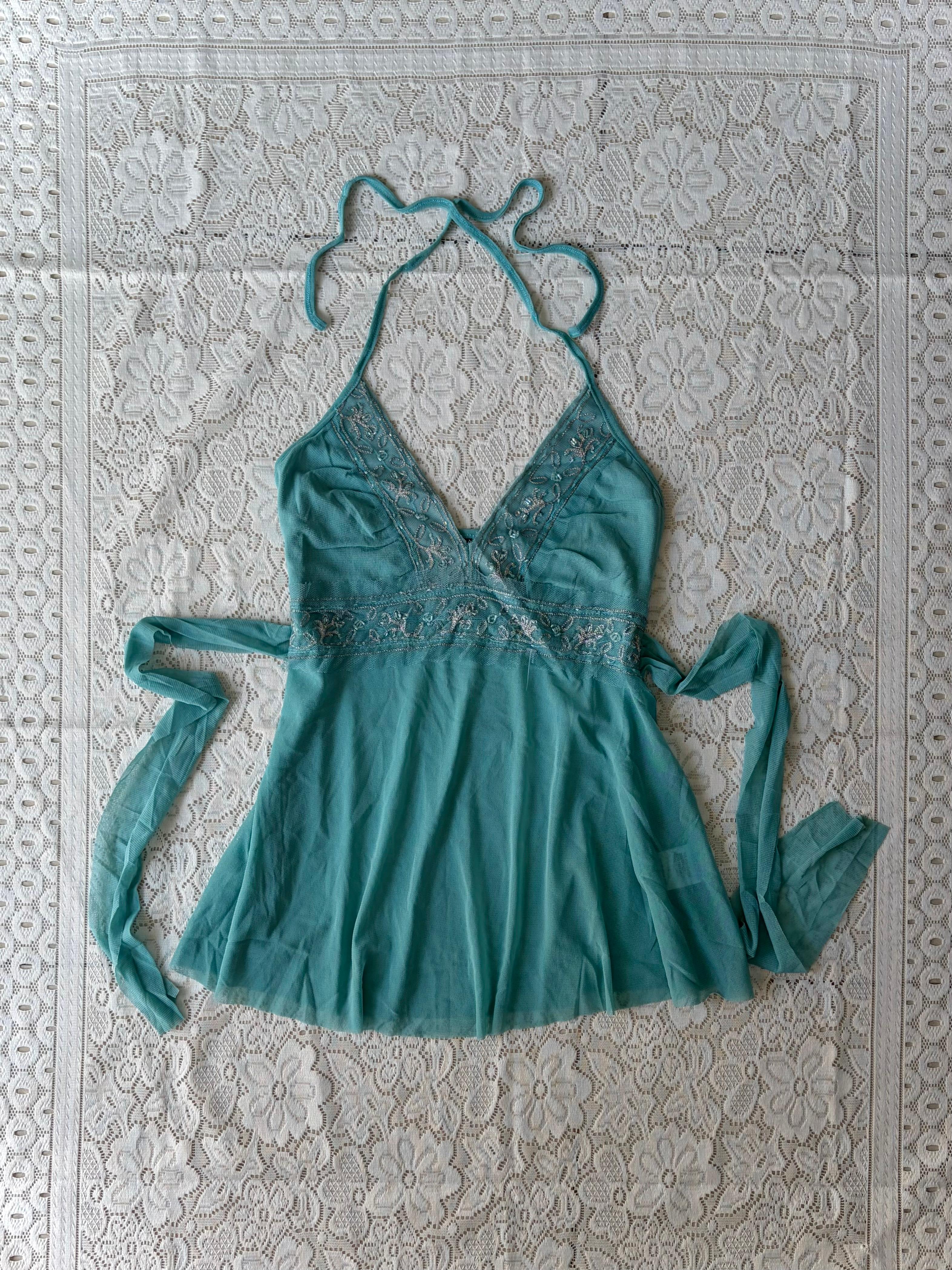 Teal embellished halter neck top with tie-back - View 1