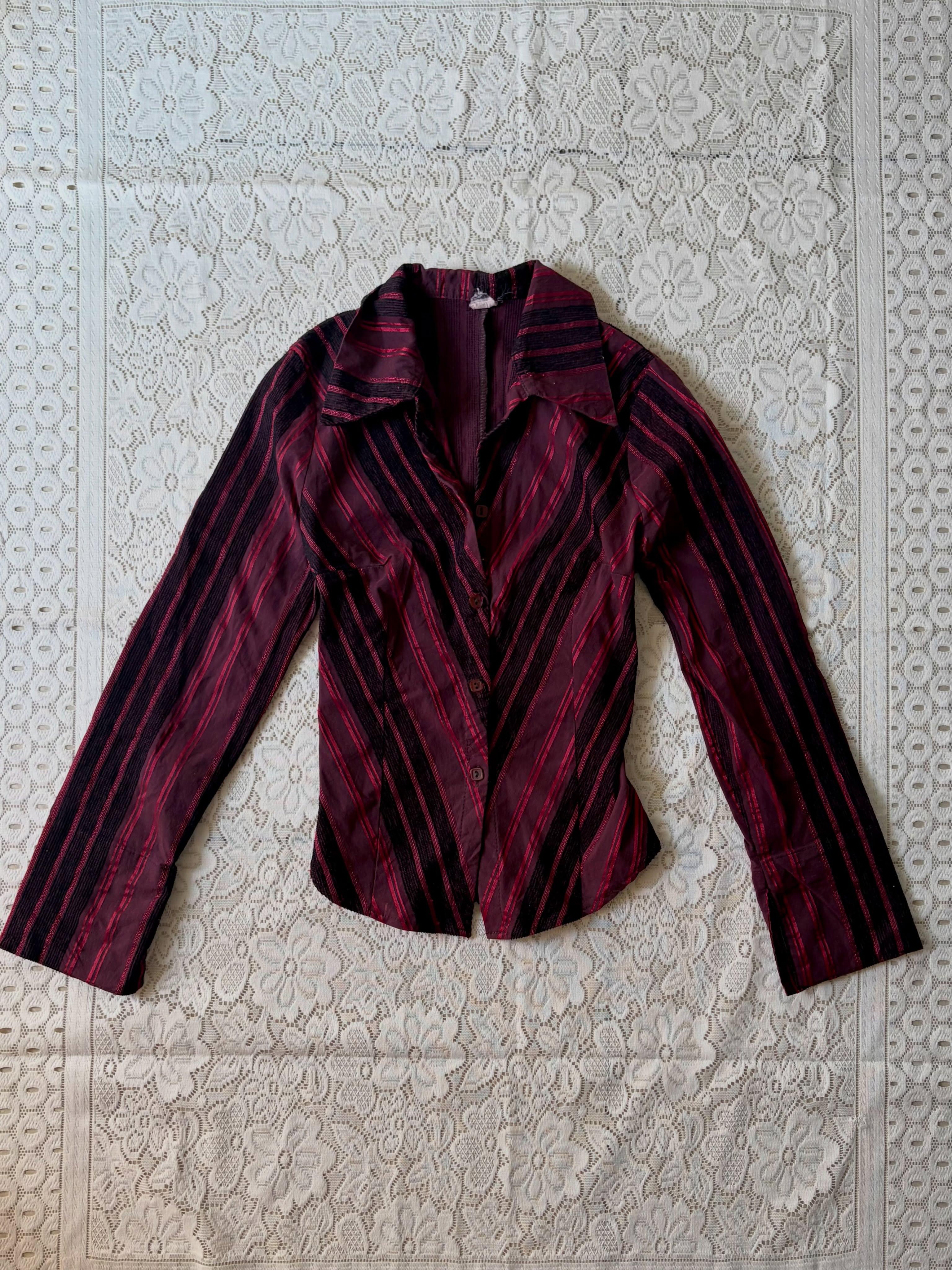 Maroon and black striped fitted shirt - View 1