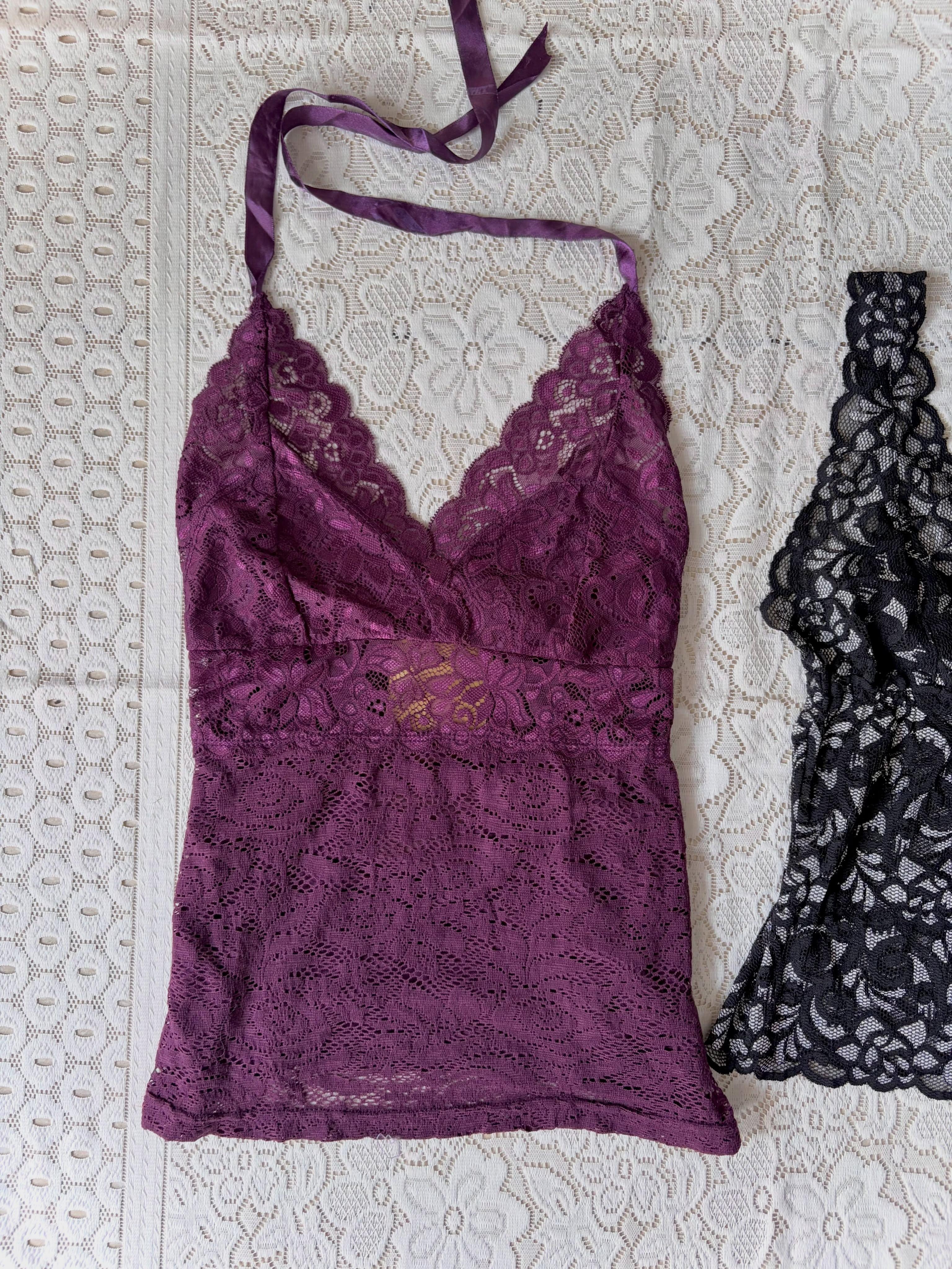 Maroon mesh lace halter top - View 1