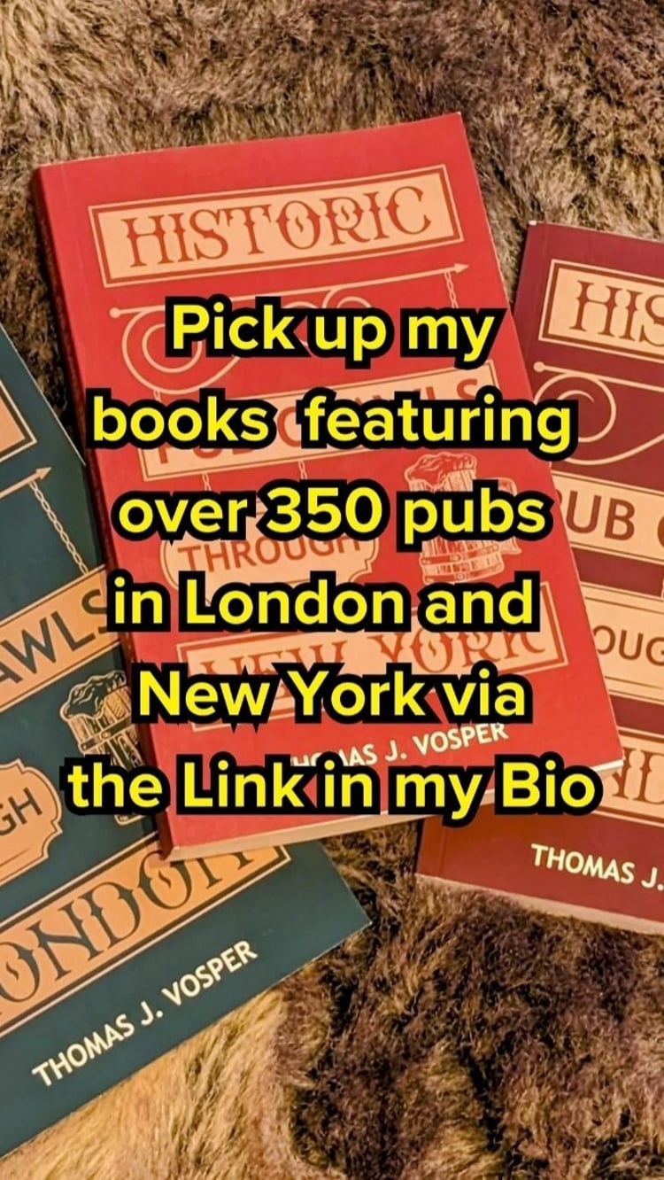 All of my books can be found on Amazon and through the link in my bio. Each copy bought helps me make more content and share more great pubs with you. 

Less than a tenner each in either paperback or e-book... 

Link in my bio or search 'historic pub crawls through' on Amazon

I love your suggestions on where to go next, so please let me know in the comments. 

The England book is due out in Autumn 2024! Stay tuned!

All the routes for each book listed below.👇

London Volume I (Green Book)

1. Canary Wharf to Greenwich
2. Angel Islington to Kings Cross
3. Aldgate to Liverpool Street
4. Farringdon to Waterloo
5. Farringdon to Moorgate
6. Camden to Euston
7. Little Venice to Baker Street
8. St. John’s Wood to Camden
9. Holborn to Hatton Gardens
10. Fleet Street to London Bridge
11. Marylebone to Marble Arch loop
12. Green Park to Westminster
13. Waterloo to Covent Garden

London Volume II (Red Book)

1. Belgravia to Mayfair
2. South Kensington to Queensway
3. Richmond to Riverside
4. Regent’s Park to Covent Garden
5. Putney to Fulham
6. Hammersmith to Shepherd’s Bush Loop
7. Whitechapel to Shoreditch
8. Highgate to Hampstead
9. Russell Square to Oxford Street
10. London Bridge to Rotherhithe

New York (Orange Book)

1. Flatiron to Empire State
2. Greenwich to East Village
3. The Bowery to Financial District
4. Tribeca to The Battery
5. Hudson Yards to Chelsea Market
6. Hell’s Kitchen to The Rock
7. Lincoln Square to Upper West Side
8. Union Square to Alphabet City
9. Lenox Hill to Upper East Side
10. Bloomingdales to Empire State

Pick up a copy of my book and support me to continue to create content and share more pubs, towns and cities with you 🍻