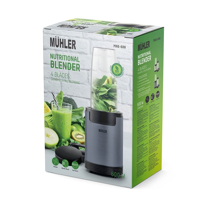 Nutritional blender Muhler MNB-688, 600W, 6 blades, 2 cups, Ash Grey