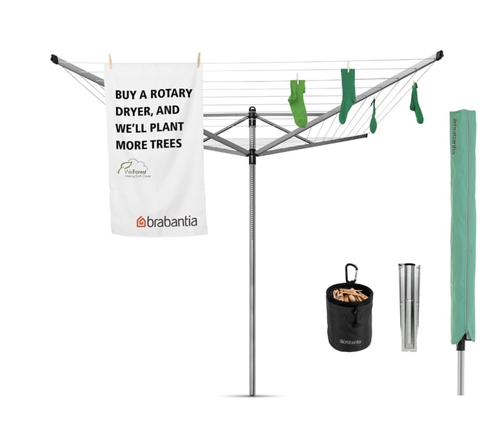 Външен простор Brabantia Lift-O-Matic 50m, метален шиш за вкопаване, калъф, торба с щипки, Metallic Grey