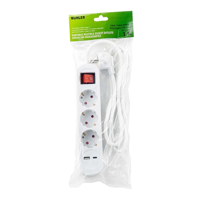 Разклонител  с ключ, 3G и 2 USB  A+C порта