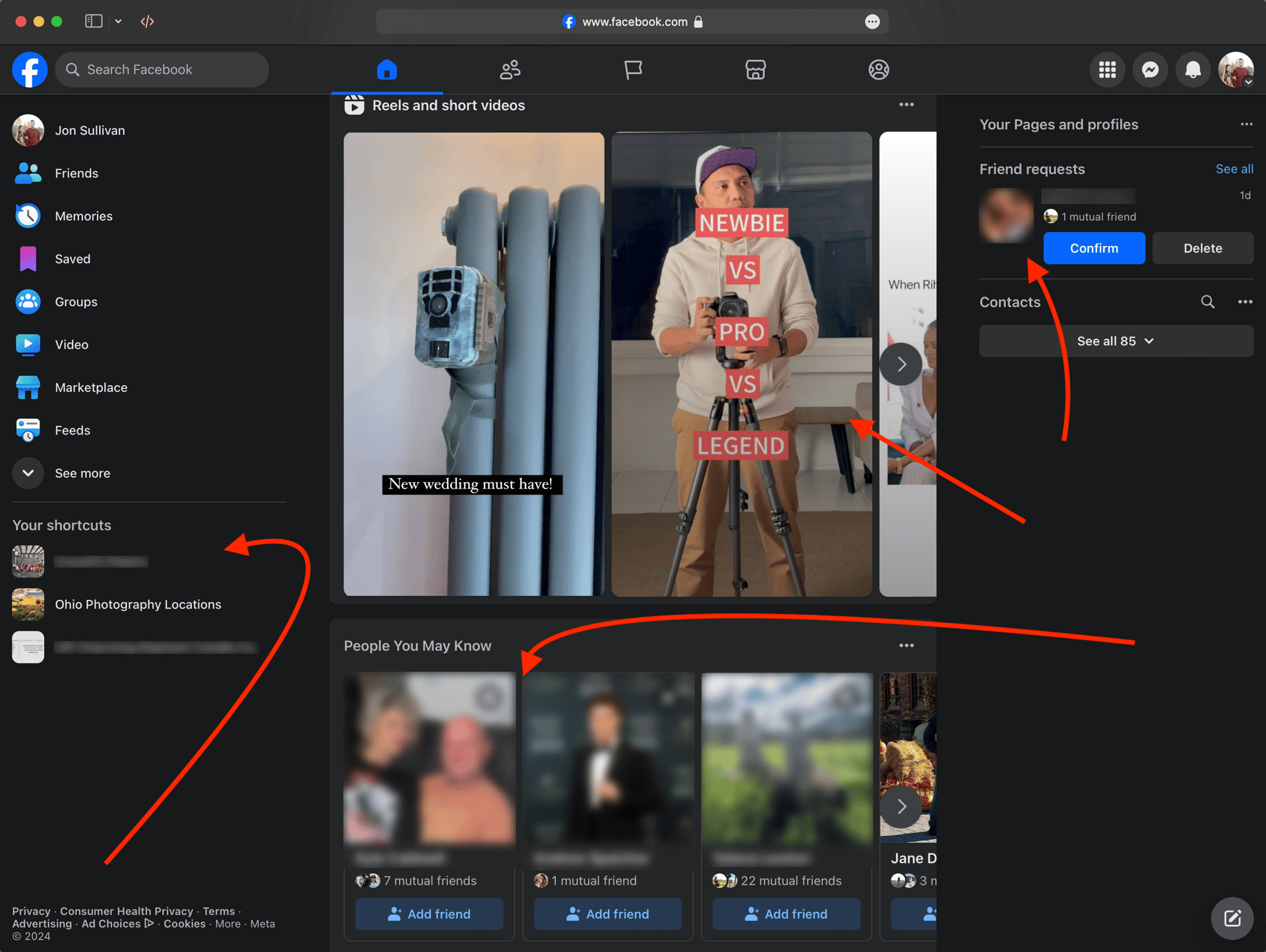 A screenshot of my Facebook dashboard, full of busy content and attention grabs