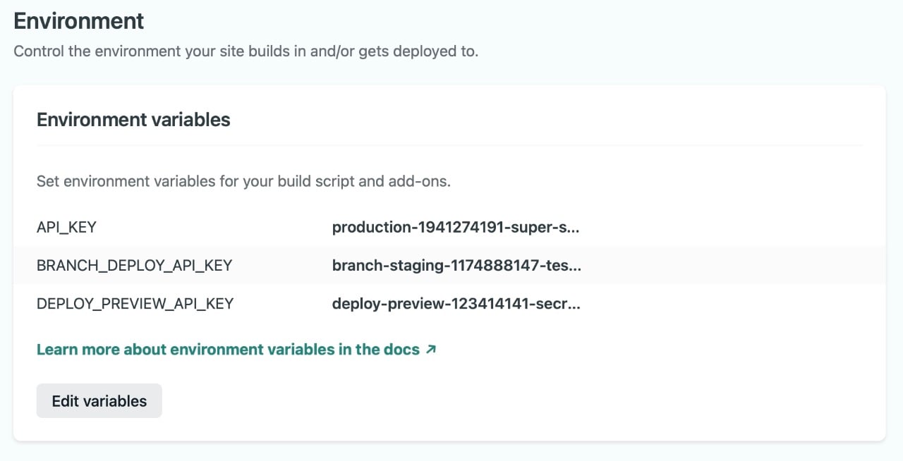 Showing the multiple configured API keys per-environment, each environment using a different key value