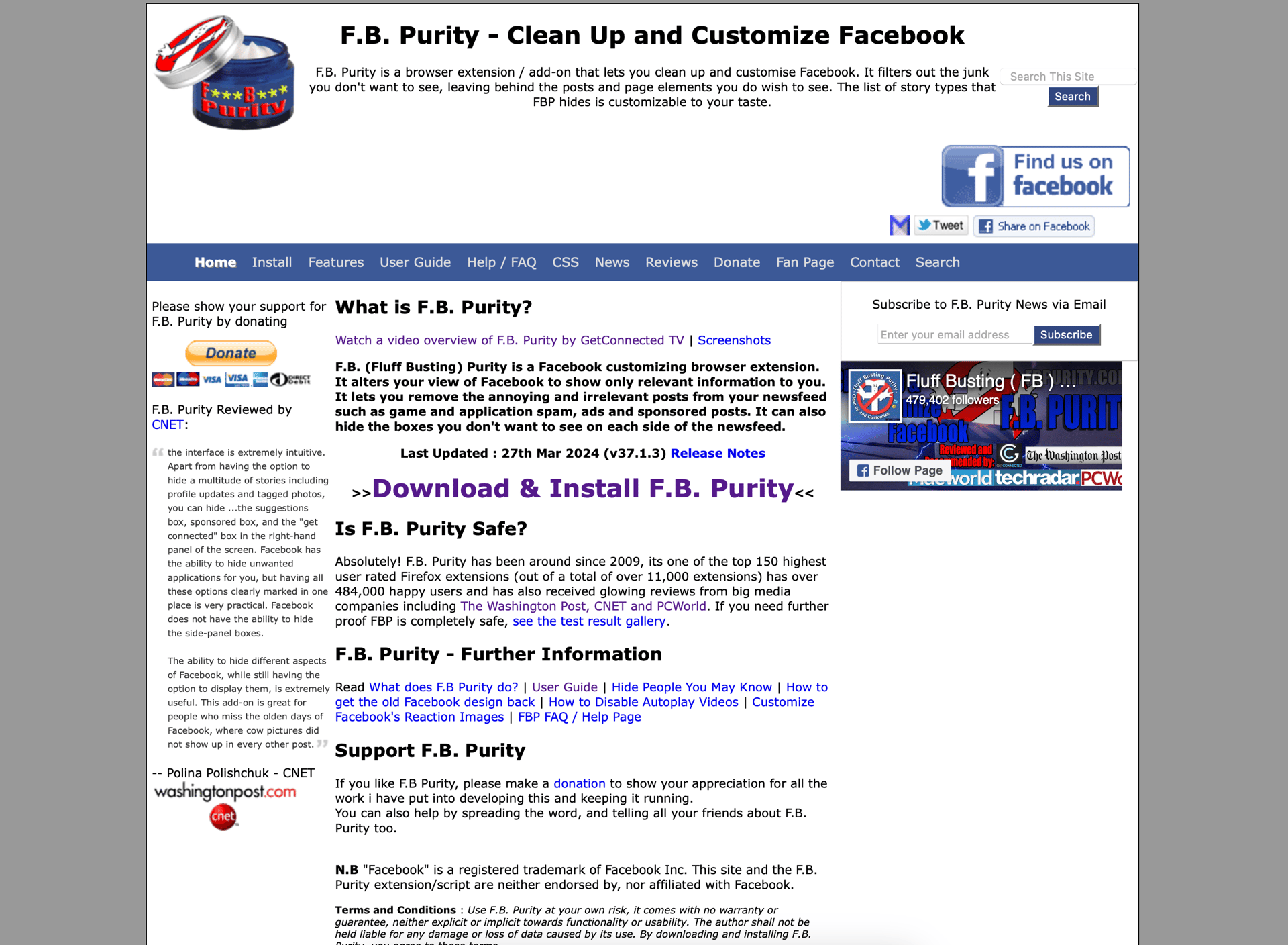 A screenshot of the FB purity website