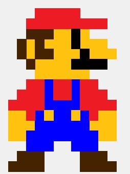 A pixellated Mario-looking character in 8-bit colored boxes