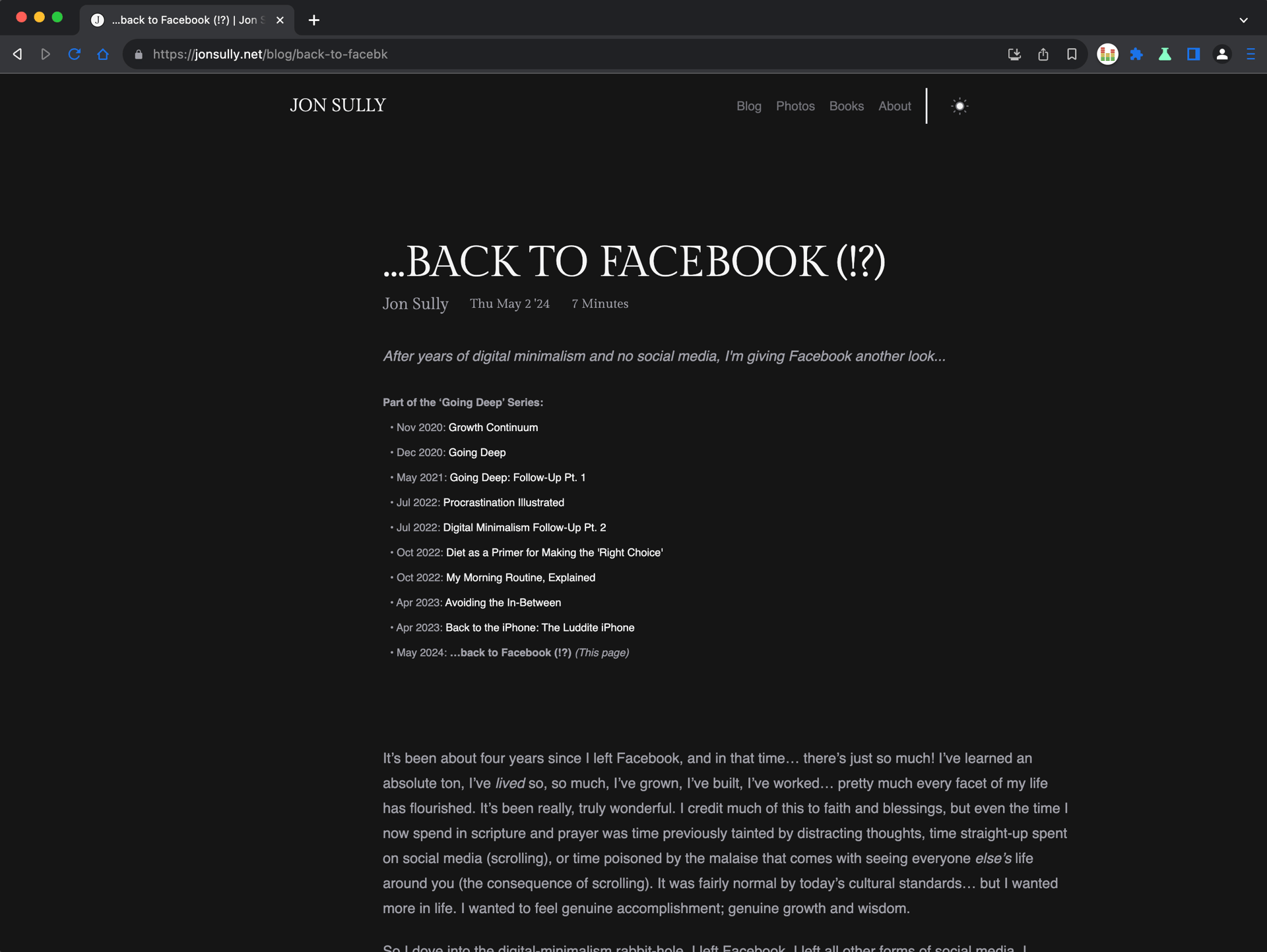 Screenshot of my “Back to Facebook” post
