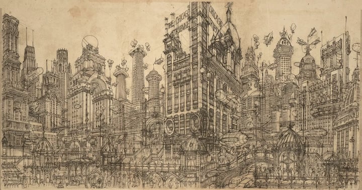 “Welcome to Tribuneville: An Imaginary Vision of an Old Chicago That Could Have Been” by Architectural Cartoonist Klaus